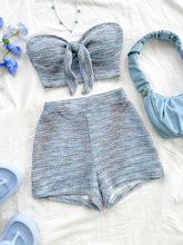 2pcs Women Vacation Knit Bandeau Twist Ear Decor Fitted Top And Shorts Set, Chiffon Knit Texture Under Layer For Autumn/Winter